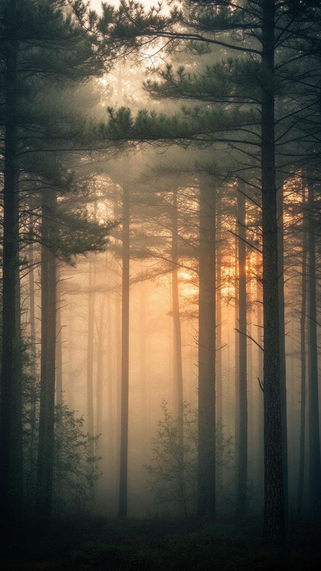 Misty pine forest at dawn